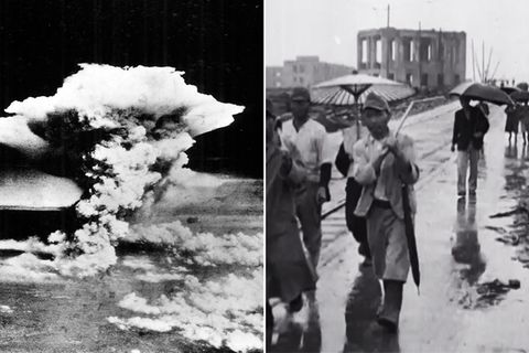 Zwei Fotos aus dem Zweiten Weltkrieg: Das linke zeigt einen Atompilz, das rechte Menschen vor Ruine