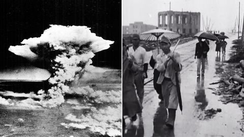 Zwei Fotos aus dem Zweiten Weltkrieg: Das linke zeigt einen Atompilz, das rechte Menschen vor Ruine