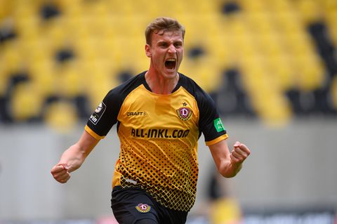 Dresdens Christoph Daferner jubelt nach seinem Tor zum 1:0 gegen Türkgücü München – die SG Dynamo hat am Wochenende den Aufstieg in die 2. Bundesliga perfekt gemacht