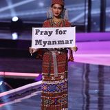 Thuzar Wint Lwin aus Myanmar durchbrach die Stereotypen. Sie nutzte ihren Auftritt für einen Appell an die internationale Gemeinschaft. Die Teilnehmerin hob ein Schild in der Hand auf dem "Betet für Myanmar" stand. In dem Land herrscht Bürgerkrieg, die Lage spitzte sich in den vergangenen Wochen dramatisch zu. Die Welt müsse ihre Stimme gegen die Militärjunta erheben, forderte Lwin. 