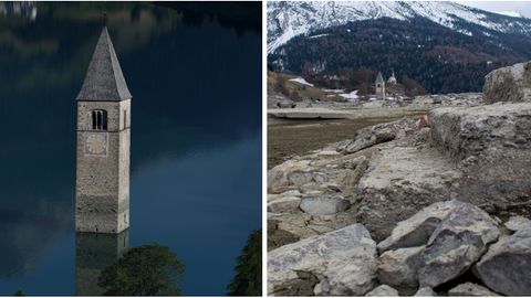 Das Wasserablassen aus dem Reschensee in Graun im Vinschgau brachte das geflutete Dorf wieder zum Vorschein.