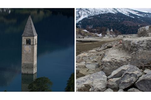 Das Wasserablassen aus dem Reschensee in Graun im Vinschgau brachte das geflutete Dorf wieder zum Vorschein.