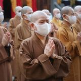 Buddhistische Mönche und Nonnen, die wegen der Corona-Krise einen Mund-Nasen-Schutz tragen, beten gemeinsam