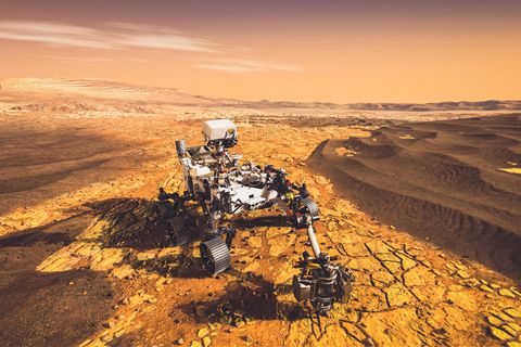 Ein unbemanntes Roverfahrzeug der NASA fährt zu Forschungszwecken auf der Marsoberfläche (3D-Darstellung)