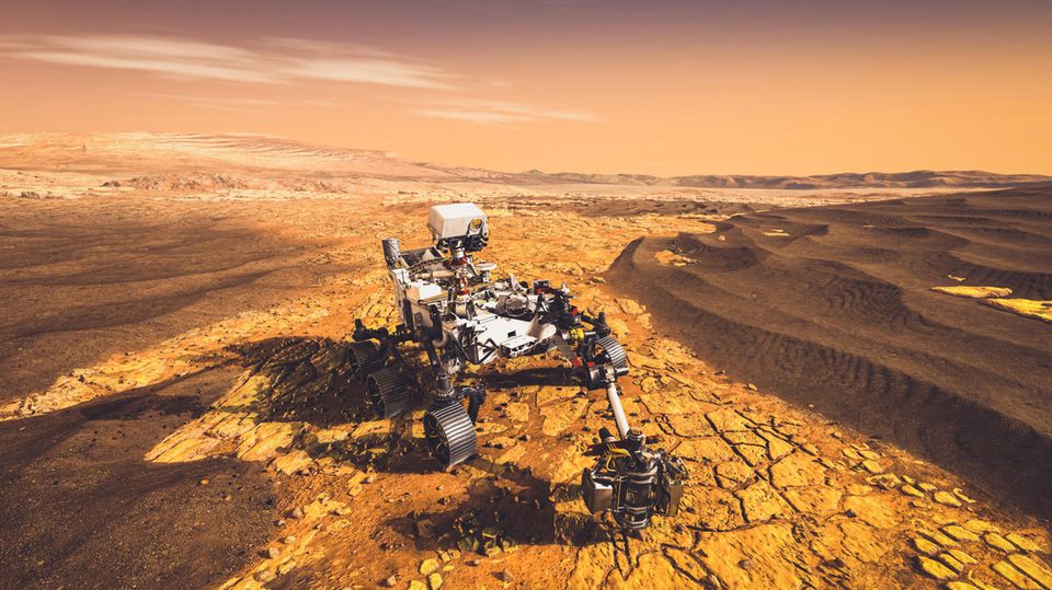 Ein unbemanntes Roverfahrzeug der NASA fährt zu Forschungszwecken auf der Marsoberfläche (3D-Darstellung)