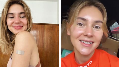 Links das Impf-Bild von Stefanie Giesinger, rechts ein Ausschnitt aus der Instagram-Story