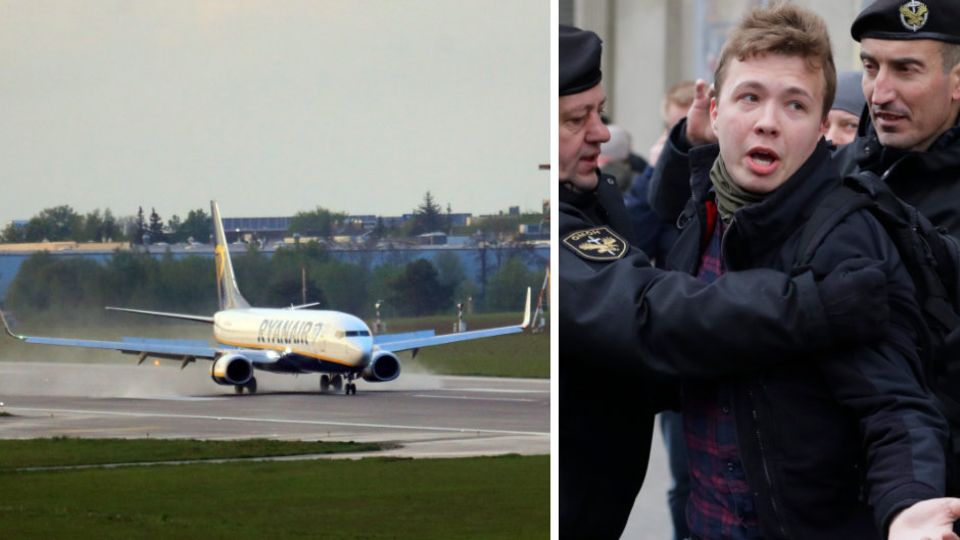 Ryanair-Flugzeug in Vilnius; Roman Protassewitsch bei einer Festnahme in Minsk 2017