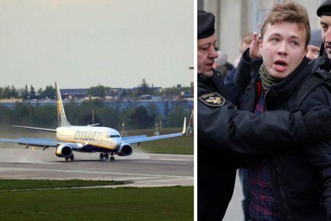 Ryanair-Flugzeug in Vilnius; Roman Protassewitsch bei einer Festnahme in Minsk 2017