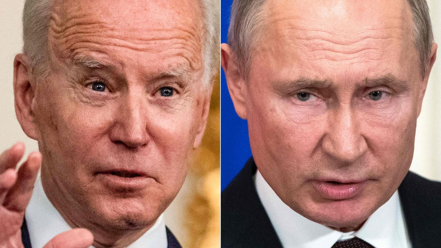 Ein aus zwei Bildern montiertes Foto zeigt links das Gesicht von US-Präsident Biden, rechts das von Russlands Präsident Putin