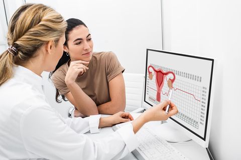 Frauenärztin erklärt Patientin den weiblichen Zyklus