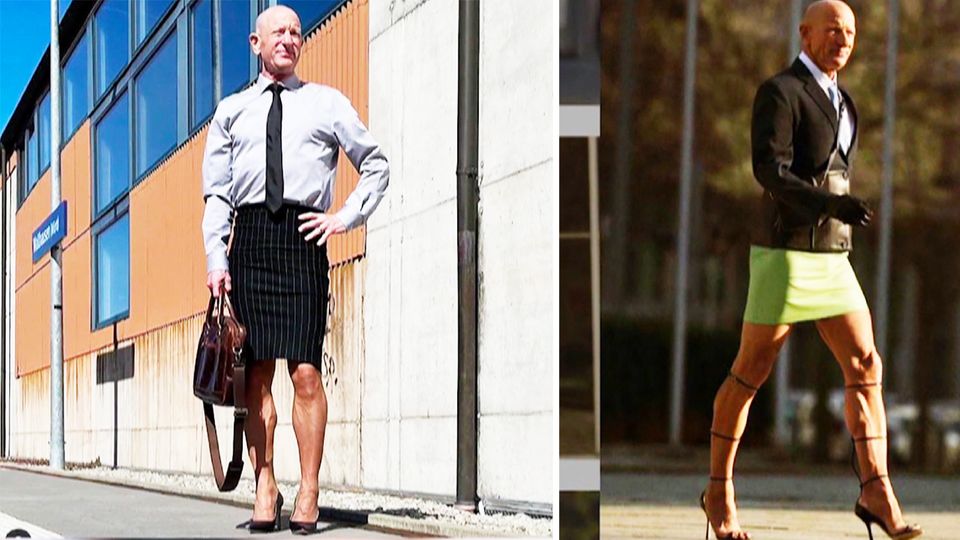 61-jähriger Mark Bryan trägt Rock und High Heels