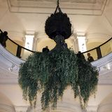 Ein Olivenbaum hängt kopfüber von der Decke im Martin-Gropius-Bau in Berlin. Die Skulptur entstand anlässlich der Dani-Karavan-Ausstellung 2008.