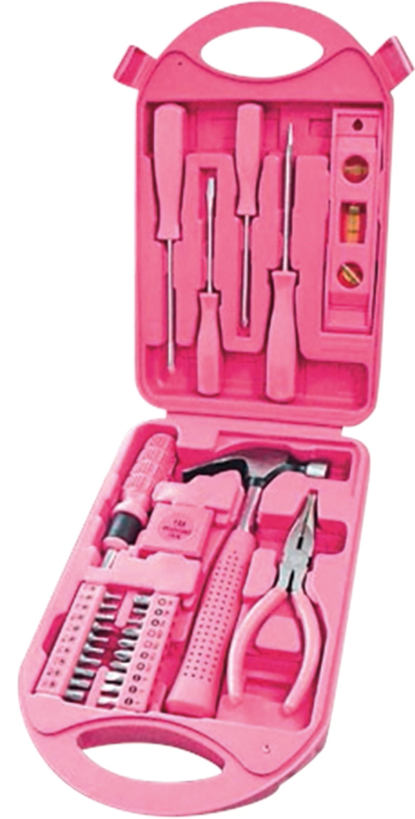 Ein Hämmerchen in Pink. Vier Schraubenzieher in Pink. Ein Wasserwäglein in Pink. Eine Zange in Pink. Und ein Bit-Set in pinkfarbener Umhüllung. Das Ganze in einem pinkfarbenen Köfferchen. Wie schön, dass es so was Praktisches gibt. Denn mit normalem Werkzeug wäre jede Frau sicherlich total überfordert.