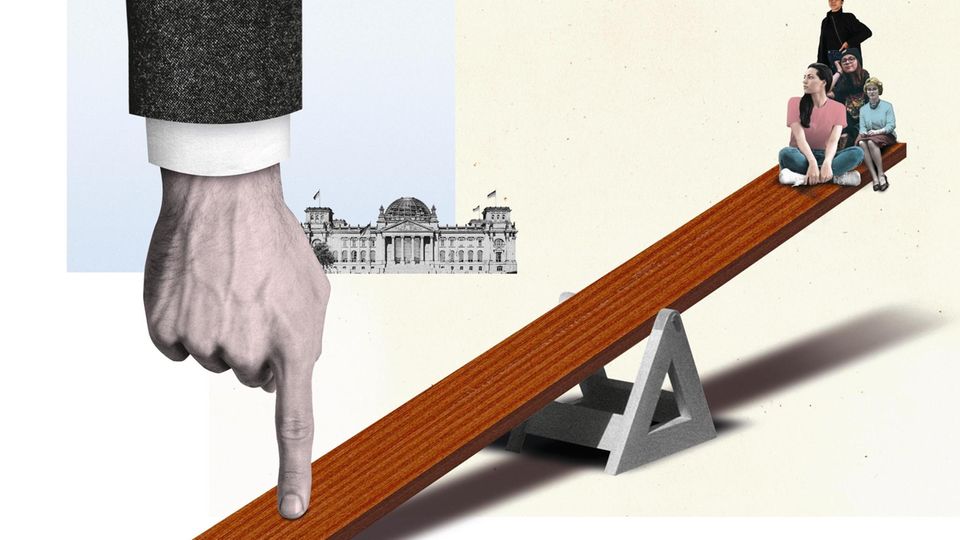 Illustrationen zur Gleichberechtigung; Macht, Liebe, Geld; Wibke Bruhns v. Anna-Lena Baerbock Frauen stellen die Hälfte der Bevölkerung – die Hälfte der Macht haben sie noch nicht