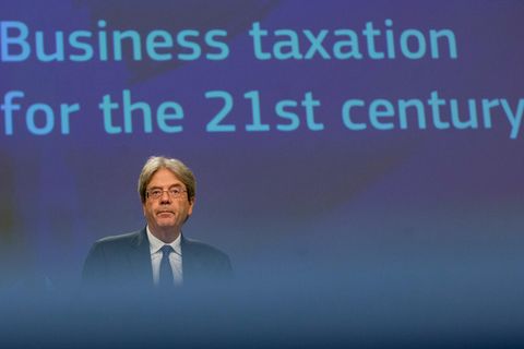 EU-Wirtschaftskommissar Gentiloni während einer Pk zur Unternehmenssteuerung in der EU
