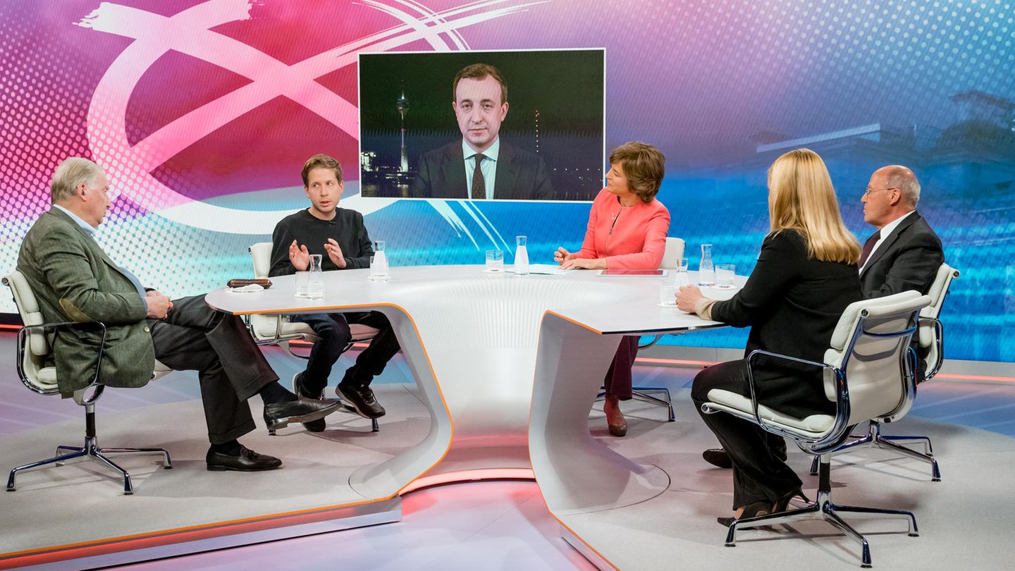 Die "maybrit illner"-Runde, von links: Alexander Gauland, Kevin Kühnert, Maybrit Illner, Gregor Gysi, Melanie Amann