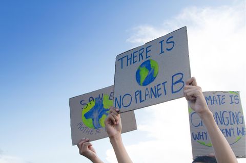 Hände halten Transparente mit der Aufschrift "There is no planet B" hoch