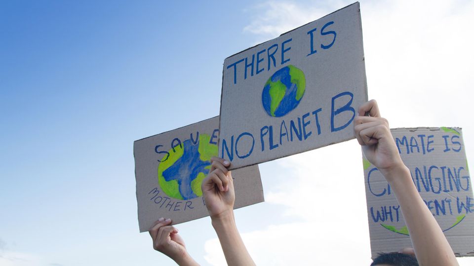 Hände halten Transparente mit der Aufschrift "There is no planet B" hoch