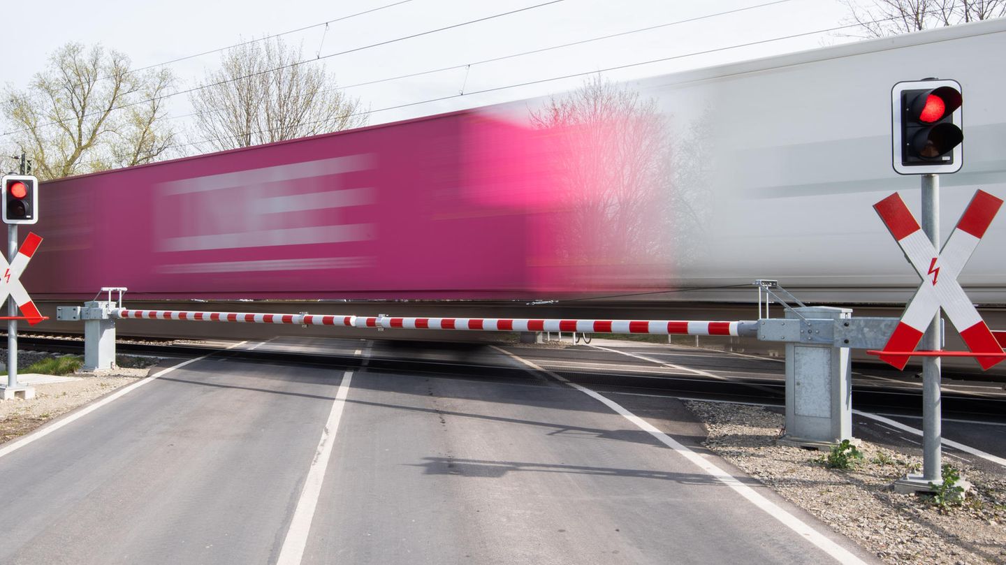 Hinter zwei geschlossenen Schranken quert ein Güterzug mit Containern eine Straße. Die Waggons sind wegen des Tempos unscharf