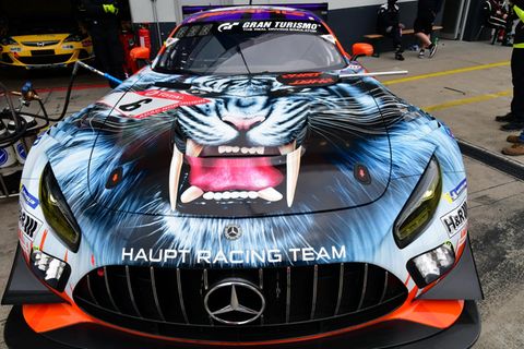 Ein Kunstwerk auf der Motorhaube des Mercedes-AMG GT3 vom Racingteam Haupt.