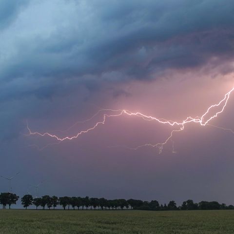 Ein Blitz erhellt den Abendhimmel über der Landschaft im Landkreis Oder-Spree. Wie ein Gewitter entsteht, erfahren Sie unten.