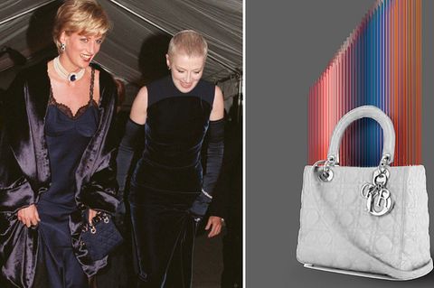 Lady Diana 1996 mit ihrer Lady Dior (l.) und ein von dem Künstler Tomislav Topic gestaltetes Exemplar der Tasche