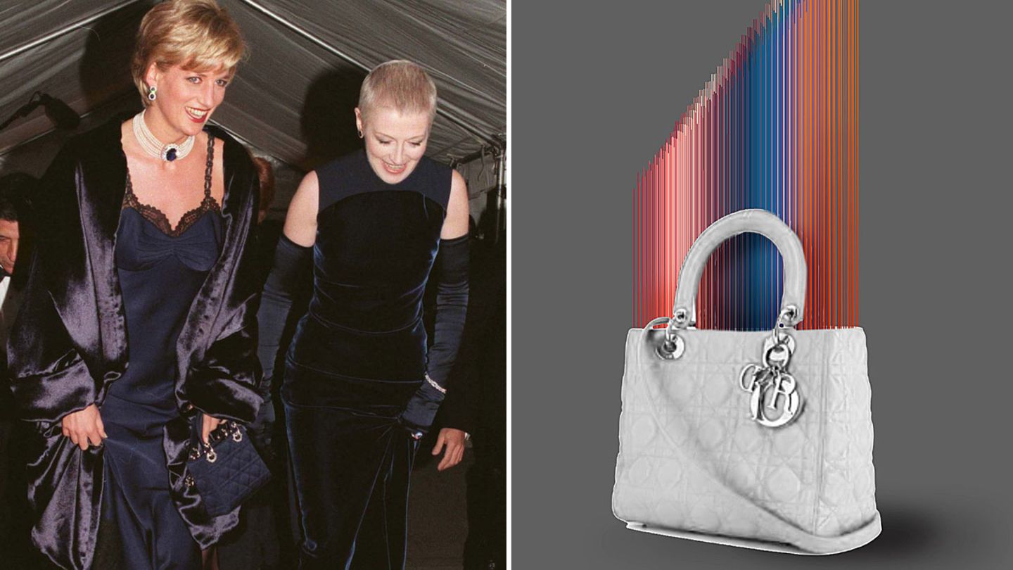 Lady Diana 1996 mit ihrer Lady Dior (l.) und ein von dem Künstler Tomislav Topic gestaltetes Exemplar der Tasche