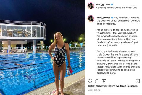 Maddie Groves posiert im Badeanzug an einem Schwimmbecken