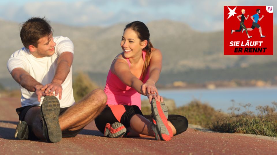 A man and a woman stretch their legs