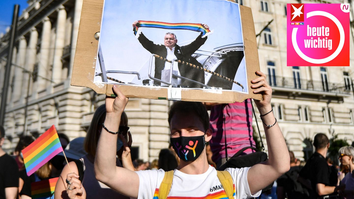 Ein Demonstrant protestiert mit einem Plakat, auf dem Ungarns Ministerpräsident Viktor Orban zu sehen ist