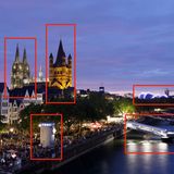 Der Dom (hinten links), die Kirche Groß St. Martin (hinten Mitte), der Musical Dome nahe des Hauptbahnhofs (hinten rechts), die Schiffsanleger oder auch der Pegelturm im Vordergrund der Altstadt: In diesem Bild verrät Vieles, dass es sich hier um Köln handelt. Die erhöhte Position sowie die Blickrichtung zeigen zudem, dass das Foto von der Deutzer Brücke aus geschossen worden ist.