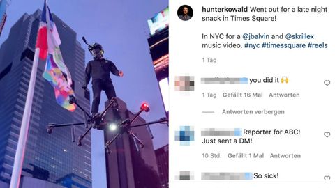 Video aus New York: Wie in "Spiderman": Da fliegt ein Mann auf einem Hoverboard über den Times Square