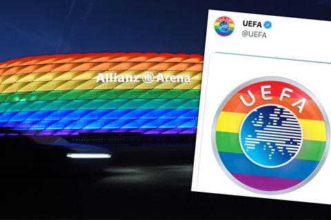 In Regenbogenfarben beleuchtete Allianz-Arena und buntes Uefa-Logo