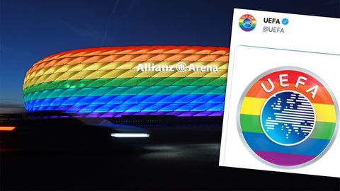 In Regenbogenfarben beleuchtete Allianz-Arena und buntes Uefa-Logo