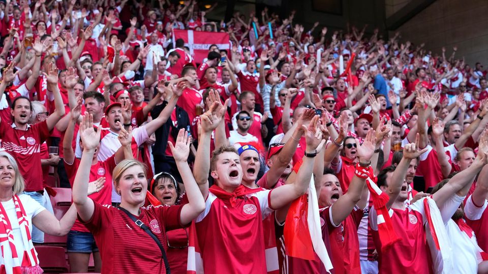 EM, Vorrunde, Gruppe B, 2. Spieltag, Dänemark - Belgien im Parken-Stadion. Dänische Fans jubeln vor Spielbeginn.