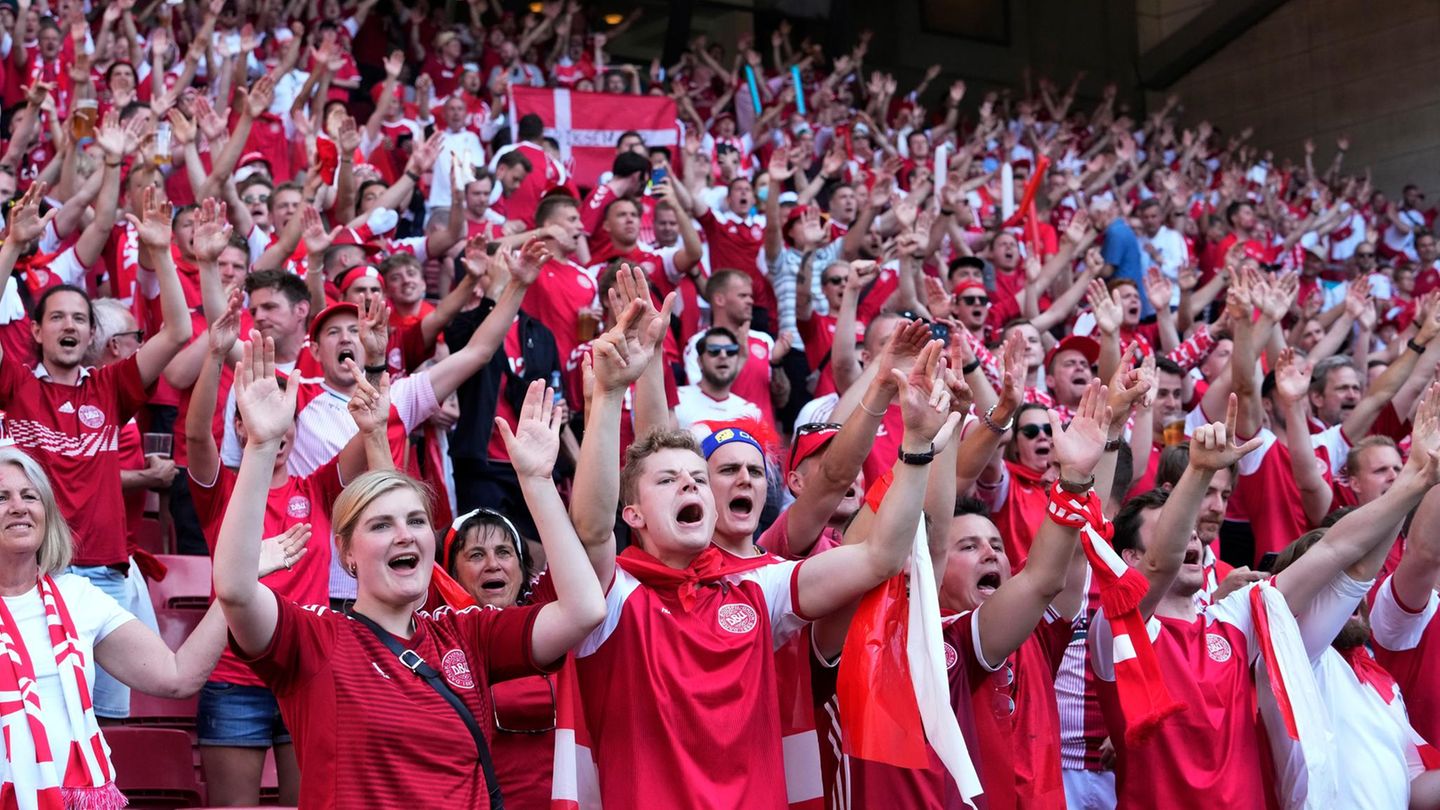 European Championship, Preliminary round, Group B, Matchday 2, Denmark-Belgium at Parken Stadium. Danish fans cheer before the start of the match.