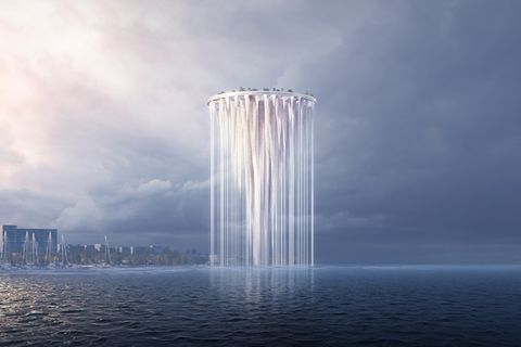 Der Turm der 99 Inseln schwebt über der Bucht.