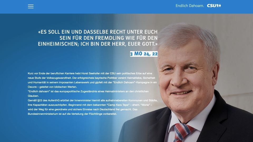 "CSU - Finally Dahoam Screenshot" A screenshot of the website "Endlich Dahoam", with a picture of Horst Seehofer and a quote from the Bible