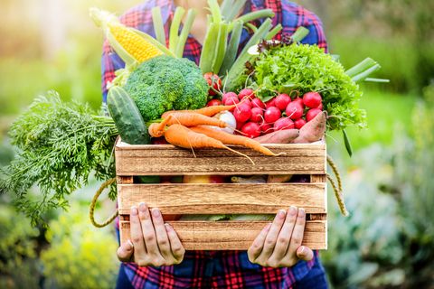 Ernährung und Depression: Eine Frau hält eine mit Gemüse bestückte Kiste in den Händen
