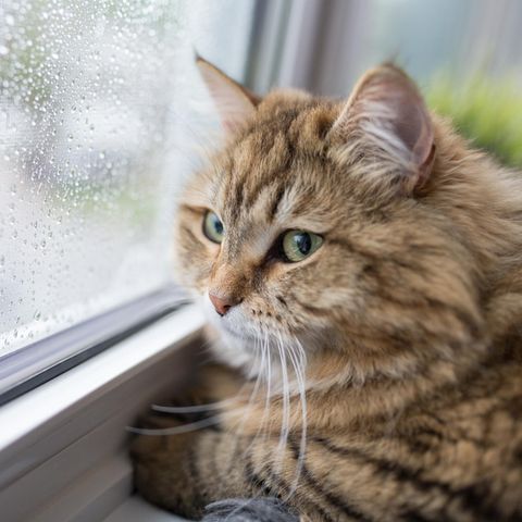 Eine Katze schaut aus einem regennnassen Fenster