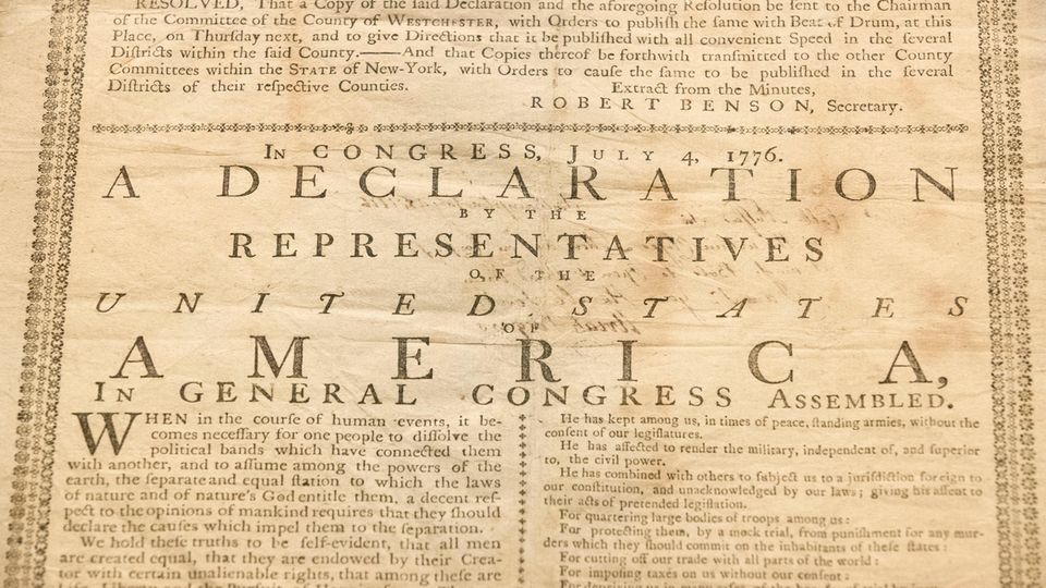 Die Unabhängigkeitserklärung der USA vom 4. Juli 1776. Dieses Exemplar der "Declaration of Independence" gehört einen Nachfahren eines der Unterzeichner.