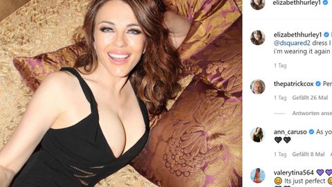 Liz Hurley promotet ihr Kleid auf Instagram.