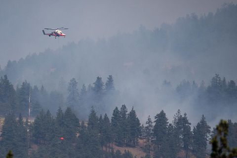 Ein rot-weiß lackierter Hubschrauber fliegt über einen bewaldeten Hang, während zwischen den Nadelbäumen Rauch aufsteigt