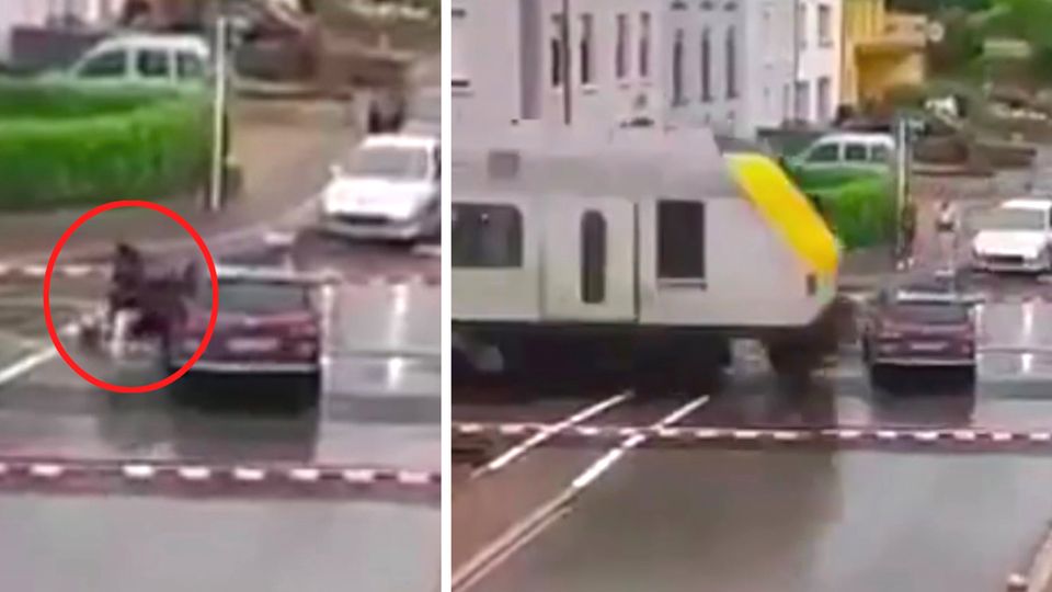 Zugkollision in Luxemburg Eine Frau rettet sich aus dem Auto, Sekunden bevor ein Zug ihr Auto überrollt.