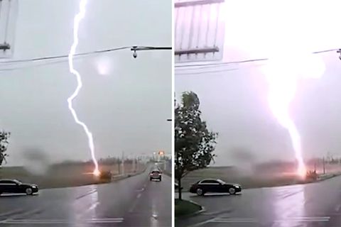 Blitz schlägt neben Auto ein