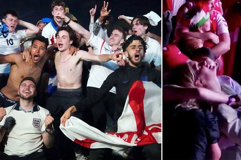 Englische Fans (links)feiern ausgelassen den Finaleinzug ihrer Mannschaft. Dänische Anhänger sind am Boden zerstört