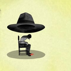 Illustration eines gefesselten orthodoxen Juden auf einem Stuhl