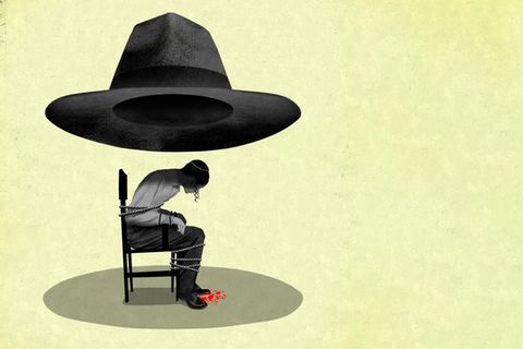 Illustration eines gefesselten orthodoxen Juden auf einem Stuhl