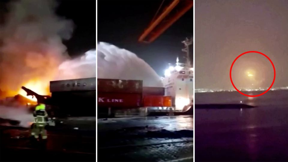 Dubai: Containerschiff steht nach Explosion im Hafen in Flammen Dubai: Containerschiff steht nach Explosion im Hafen in Flammen