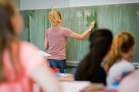 Lehrerin unterrichtet Klasse in Präsenz